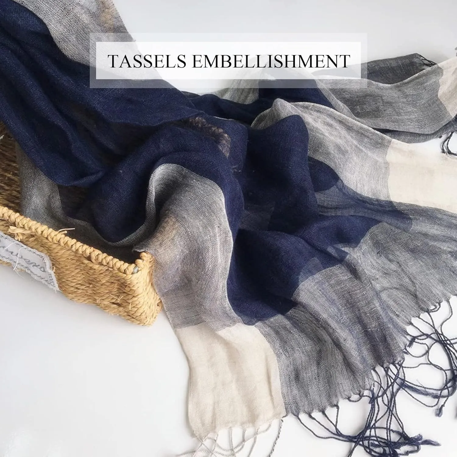 Flax Linen Scarf For Women Men Plaid Striped Print Lightweight Breathable Scarves Warm Stole Wrap Sunscreen Shawl