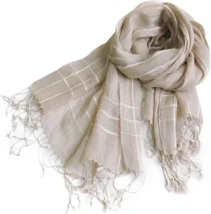 Flax Linen Scarf For Women Men Plaid Striped Print Lightweight Breathable Scarves Warm Stole Wrap Sunscreen Shawl