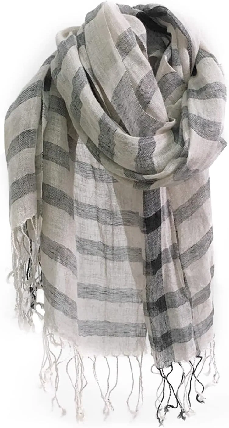 Flax Linen Scarf For Women Men Plaid Striped Print Lightweight Breathable Scarves Warm Stole Wrap Sunscreen Shawl