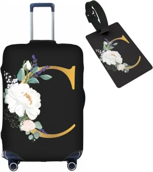Flower Letter C Black Luggage Cover with Luggage Tag Elastic Washable Stretch Suitcase Protector Anti-Scratch Travel Suitcase Cover for Kid and Adult M (for 22-24 inch suitcase)
