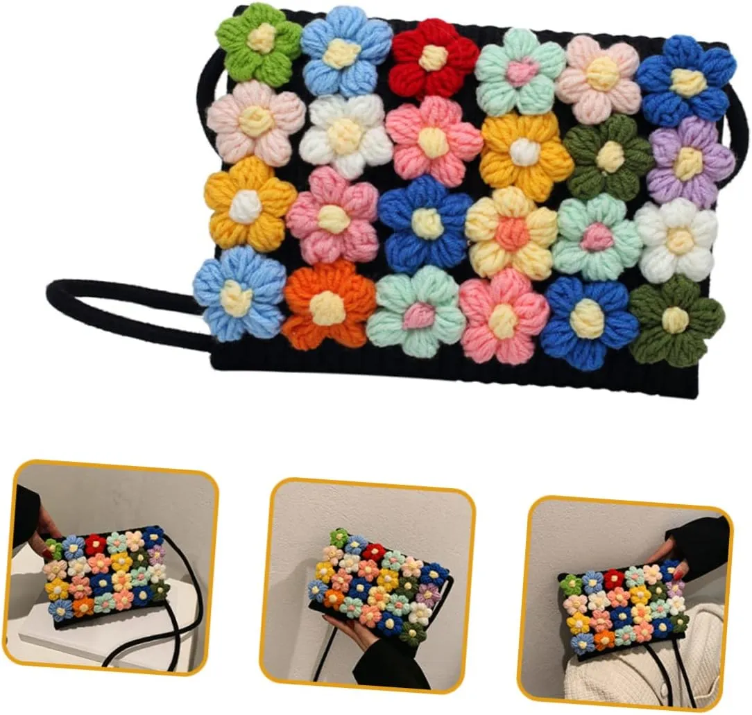 Flower Woolen Bag Clutch Handwoven Beach Ladies Hand Bag Womens Shoulder Handbags Woven Purse Cross Body Purse Summer Crossbody Bags for Women The Flowers Puffs Cotton Linen Woman