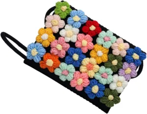 Flower Woolen Bag Clutch Handwoven Beach Ladies Hand Bag Womens Shoulder Handbags Woven Purse Cross Body Purse Summer Crossbody Bags for Women The Flowers Puffs Cotton Linen Woman