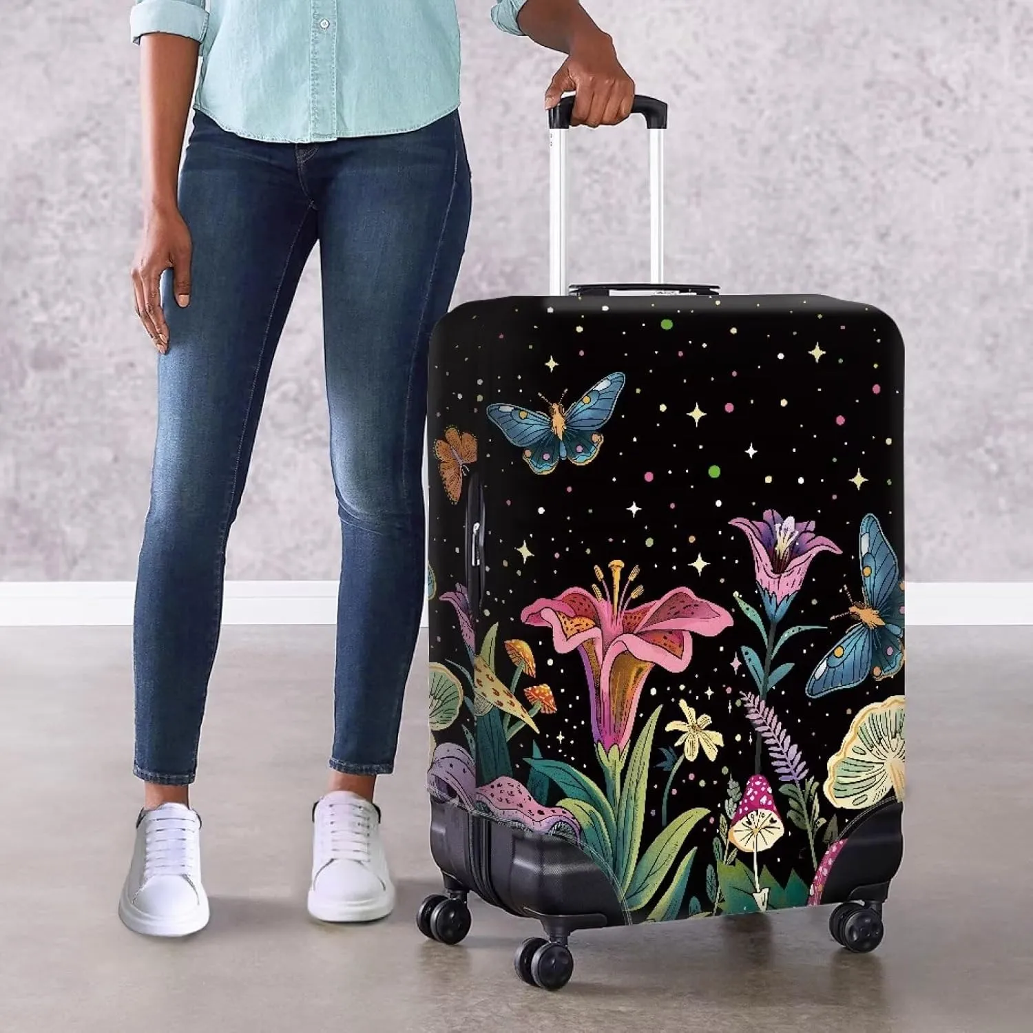 Flowers And Stars Luggage Suitcase Covers for Luggage Elastic Luggage Cover Protector Scratch Resistant Travel Suitcase Cover Fits 18-32 Inch Luggage Travel Bag Cover Travel Covers-M