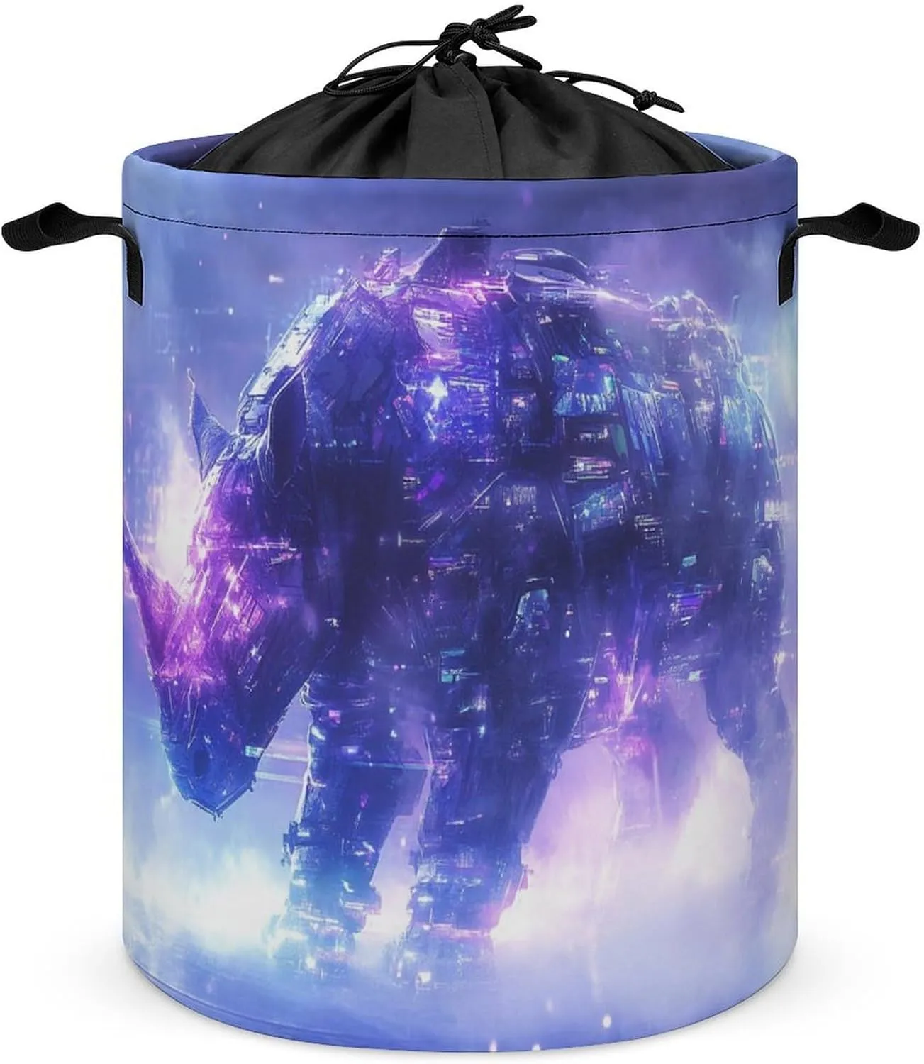 Foldable Laundry Basket, Waterproof Laundry Basket, Collapsible Laundry Bag with Easy Carry Handle, Cyber Rhinoceros And Digital Fog-5
