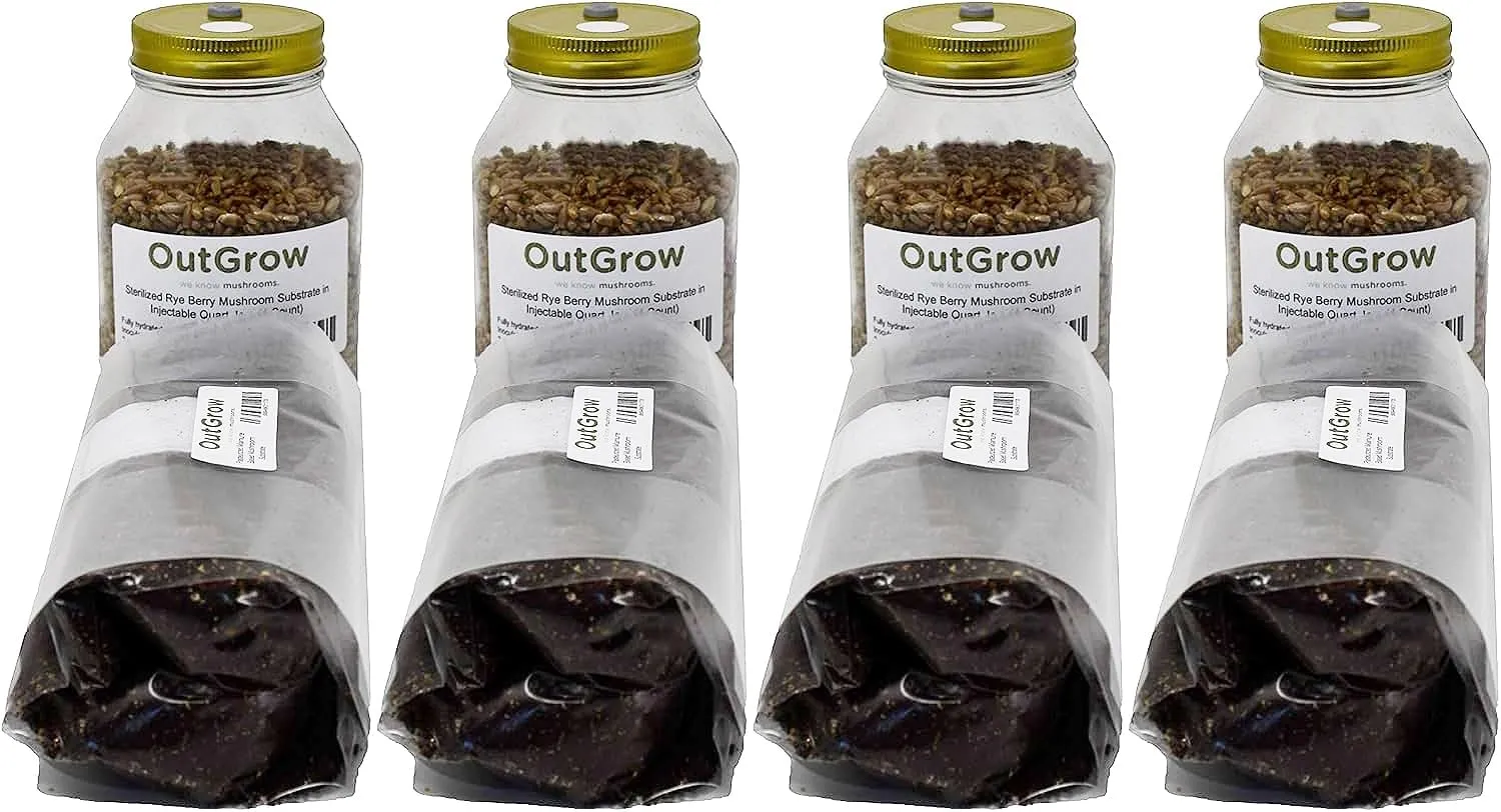 Four Quart Jars of Sterilized Rye and Four One Pound Bags of Manure Based Substrate
