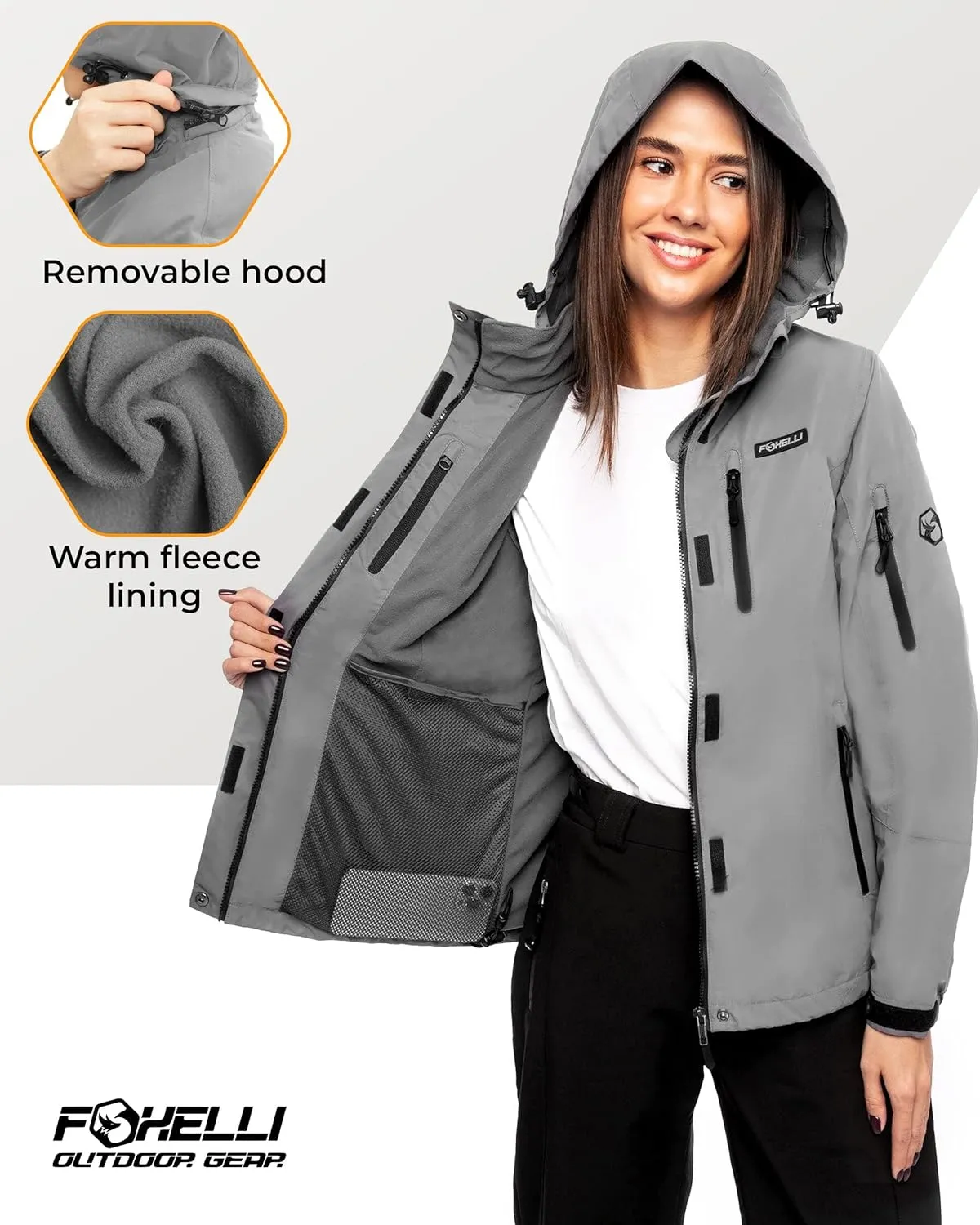 Foxelli Women's Waterproof Hiking Jacket – Warm Fleece-Lined Windproof Coat, Hooded Rain Jacket