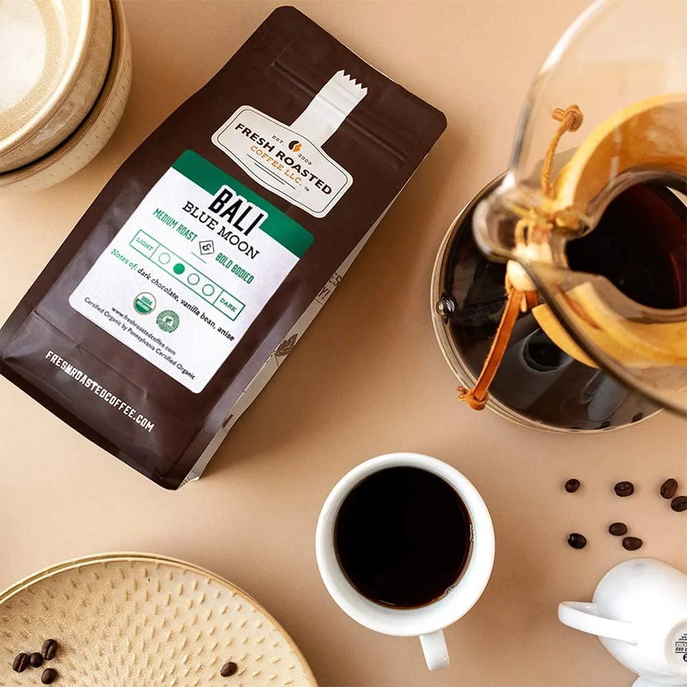 Fresh Roasted Coffee, Organic Bali Blue Moon, 5 lb (80 oz), Medium Roast, Kosher, Whole Bean