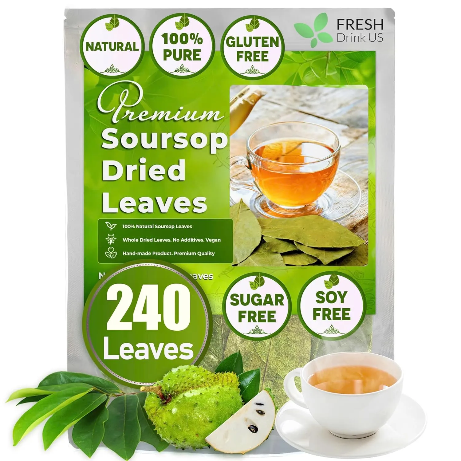 FreshDrinkUS, 240  Premium Soursop Graviola Dried Leaves Tea, 230-250 Whole Soursop Leaves, Wildcrafted, Graviola , Guanabana , Hoja Guanabana, Loose Leaf Herbal , No Gluten, Vegan