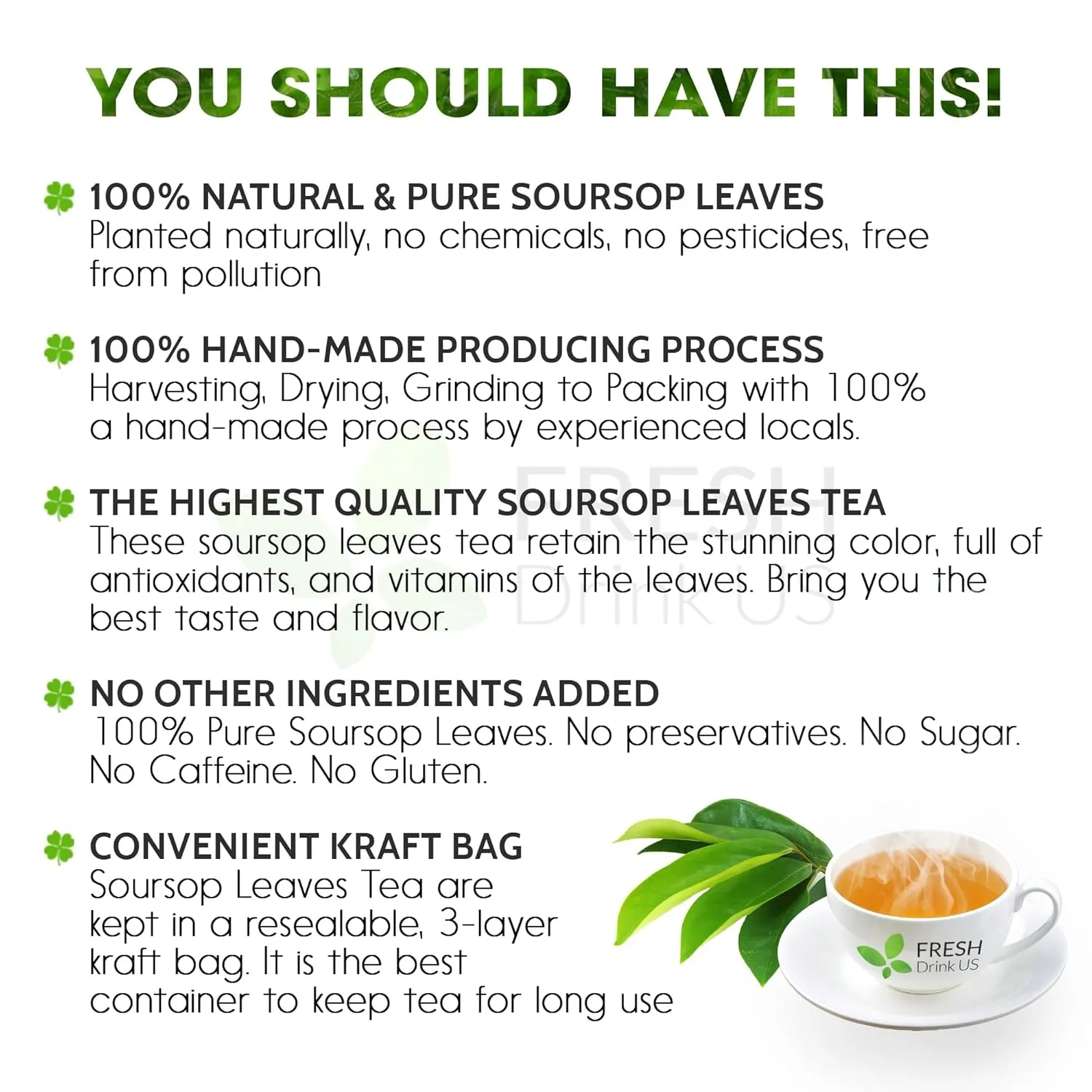FreshDrinkUS, 240  Premium Soursop Graviola Dried Leaves Tea, 230-250 Whole Soursop Leaves, Wildcrafted, Graviola , Guanabana , Hoja Guanabana, Loose Leaf Herbal , No Gluten, Vegan