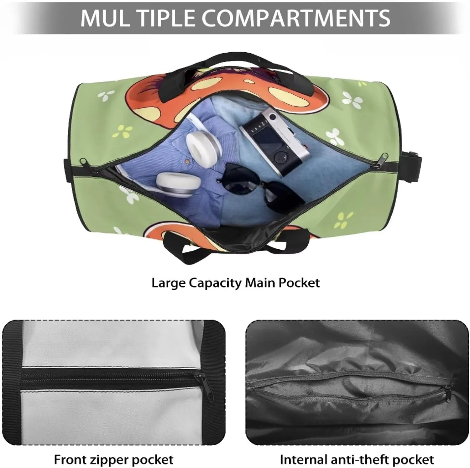 Frog Mushroom Travel Duffle Bag, Waterproof Weekender Bag Carry On Tote Bags for Women, Travel Essentials Sport Gym Bag Hospital Bag for Labor and Delivery, Overnight Bag Luggage Bag