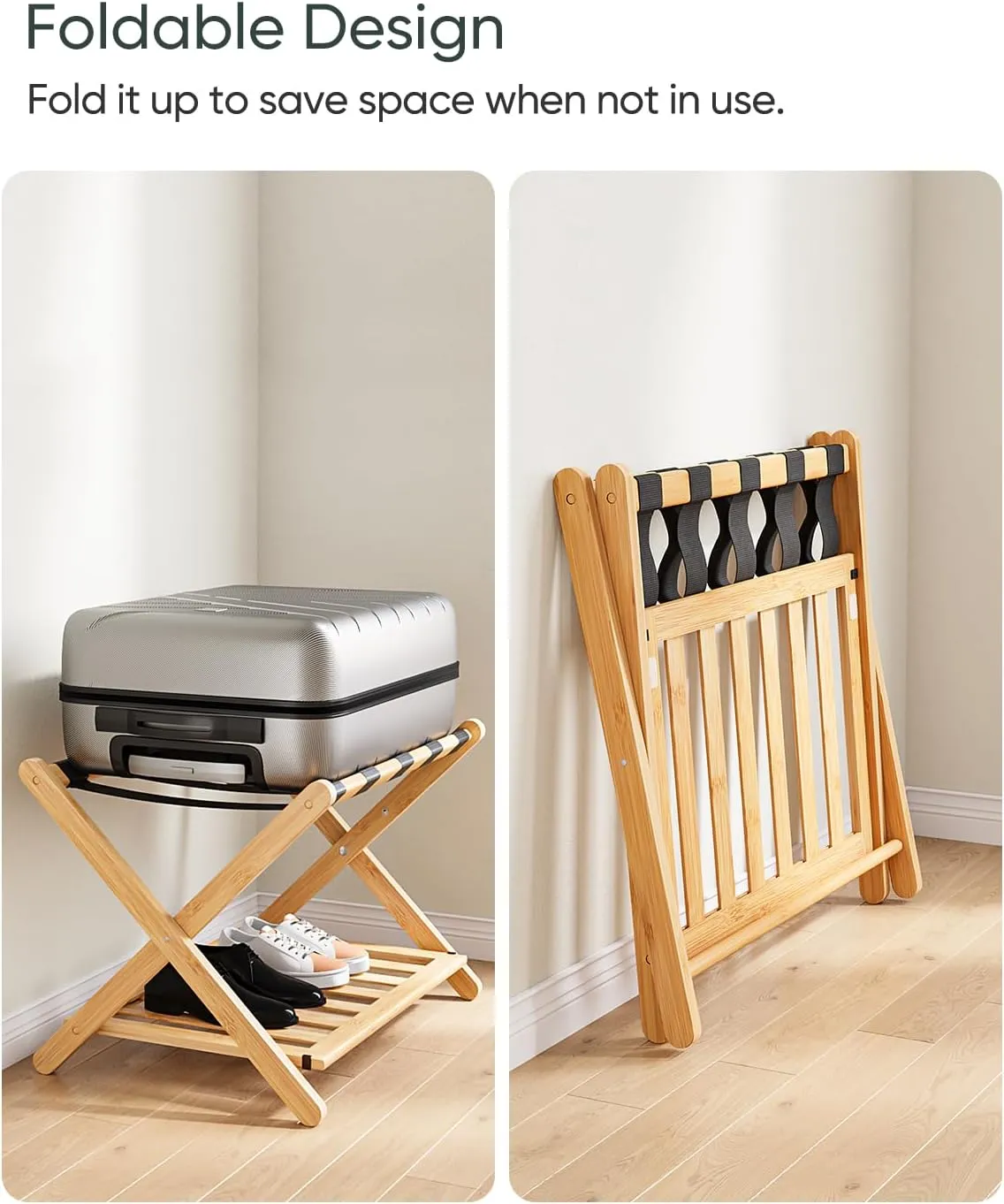 Fully Assembled Luggage Racks Pack of 2, Folding Suitcase Stand with Storage Shelf, Bamboo Luggage Stand with 5 Nylon Straps for Guest Room, Bedroom, Heavy Duty, Natural