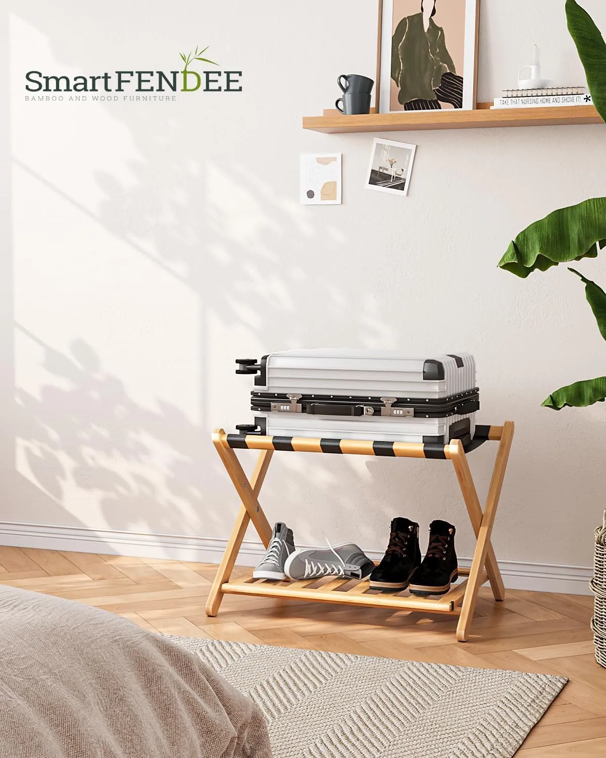 Fully Assembled Luggage Racks Pack of 2, Folding Suitcase Stand with Storage Shelf, Bamboo Luggage Stand with 5 Nylon Straps for Guest Room, Bedroom, Heavy Duty, Natural