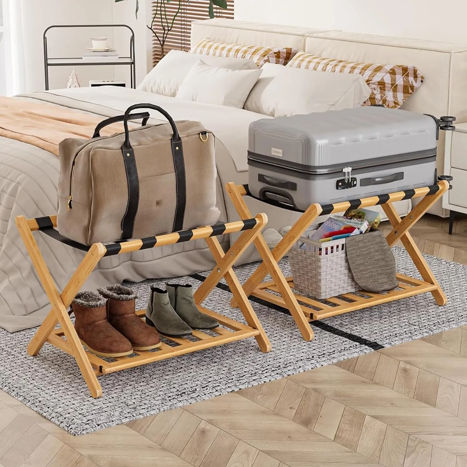 Fully Assembled Luggage Racks Pack of 2, Folding Suitcase Stand with Storage Shelf, Bamboo Luggage Stand with 5 Nylon Straps for Guest Room, Bedroom, Heavy Duty, Natural
