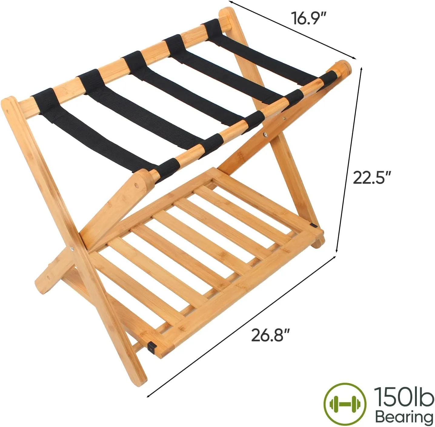 Fully Assembled Luggage Racks Pack of 2, Folding Suitcase Stand with Storage Shelf, Bamboo Luggage Stand with 5 Nylon Straps for Guest Room, Bedroom, Heavy Duty, Natural