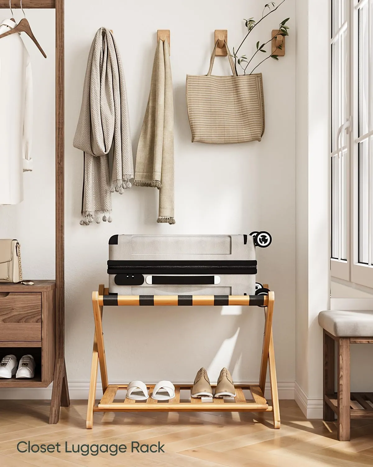 Fully Assembled Luggage Racks Pack of 2, Folding Suitcase Stand with Storage Shelf, Bamboo Luggage Stand with 5 Nylon Straps for Guest Room, Bedroom, Heavy Duty, Natural
