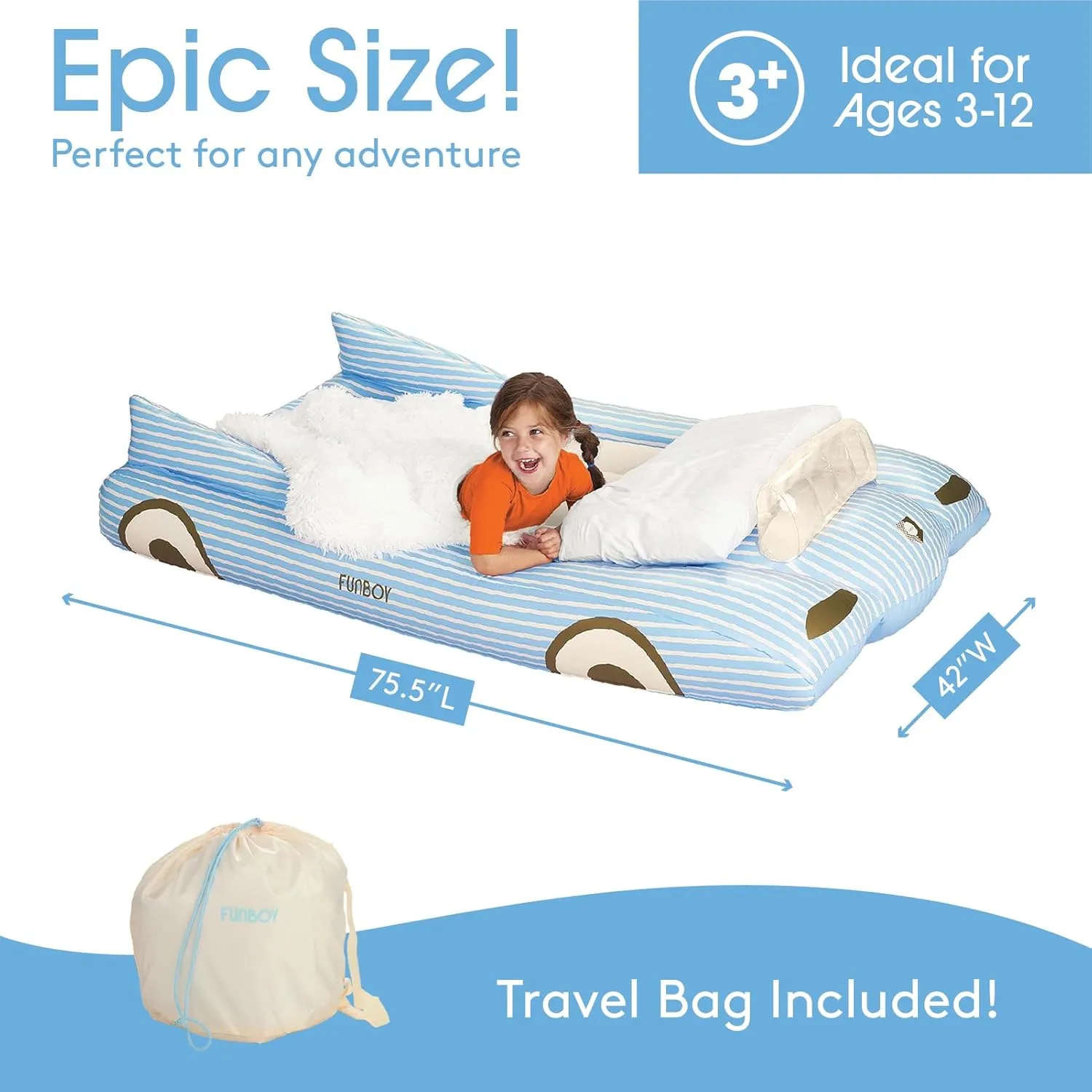 FUNBOY Kids Blue Inflatable Travel Bed & Mattress. Perfect for Sleepovers. Includes Carrying Case Storage Bag, Twin