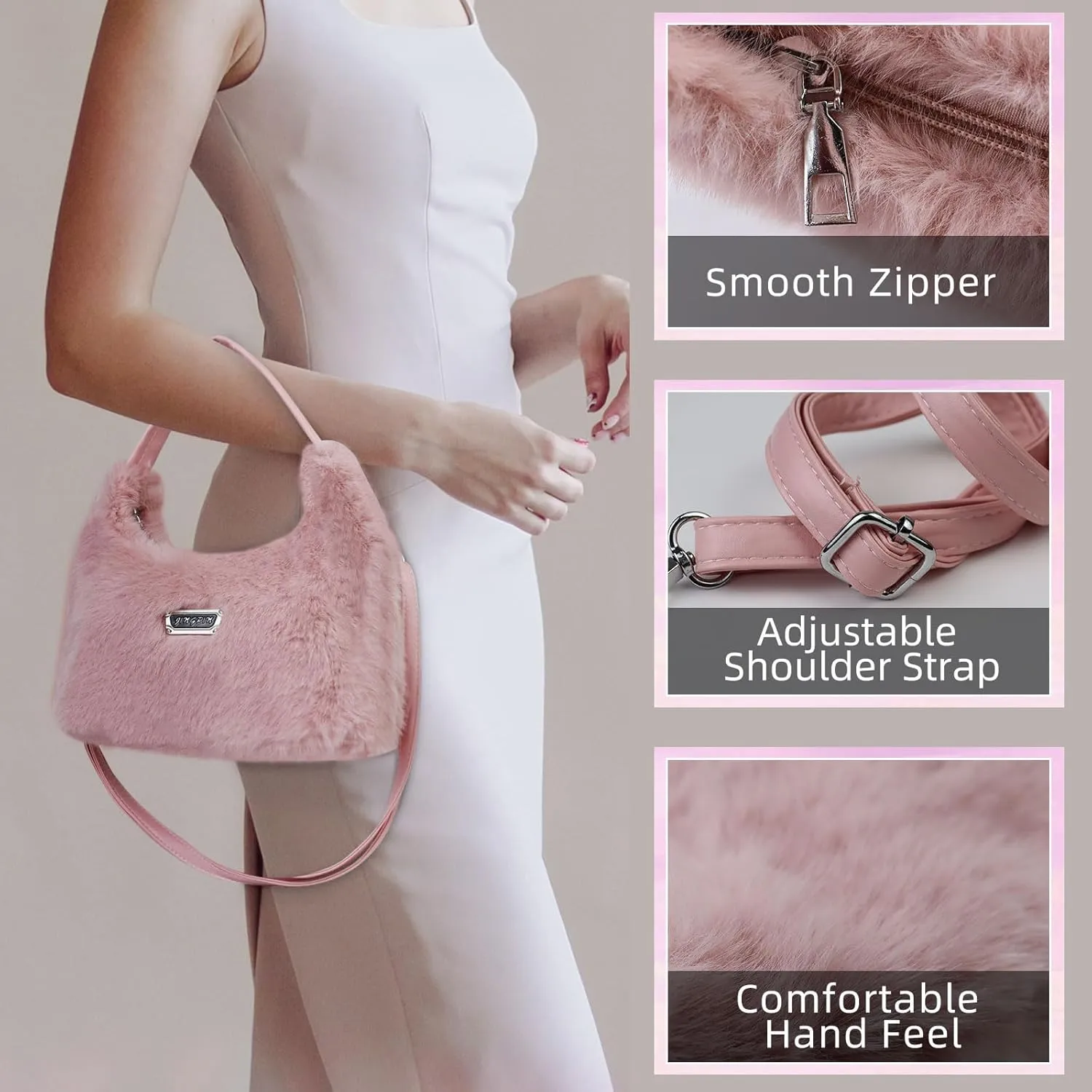 FuninCrea Plush Women's Shoulder Handbags Trendy Crossbody Bags with Zipper, Small Handbags with Removable Shoulder Strap