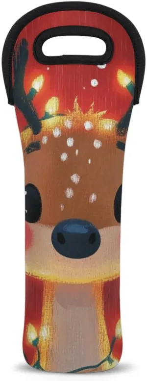 Funny Christmas Reindeer Wine Gift Tote Bag Neoprene Single Bottle Holder 750ml Wine Carrier Bags for Travel Wedding Festival Favors 5.1 X 15.6 In