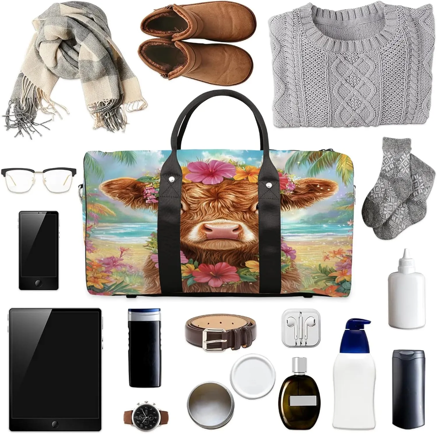 Funny Highland Cow Duffle Bag for Travel, Overnight Weekend Gym Carry On Luggage Bag, Rustic Farmhouse Bull Animal Travel Duffel Bag for Men Women