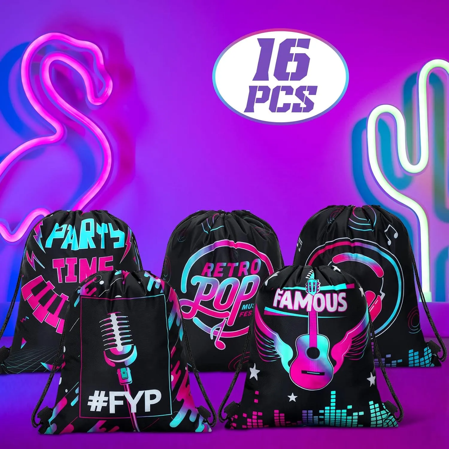 Funtery 32 Pcs Music Party Drawstring Bags Music Party Favors Birthday Treat Bags for Teens Social Media Theme Gifts School Travel Supplies, 11.81 x 9.84 Inch