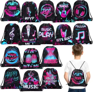 Funtery 32 Pcs Music Party Drawstring Bags Music Party Favors Birthday Treat Bags for Teens Social Media Theme Gifts School Travel Supplies, 11.81 x 9.84 Inch