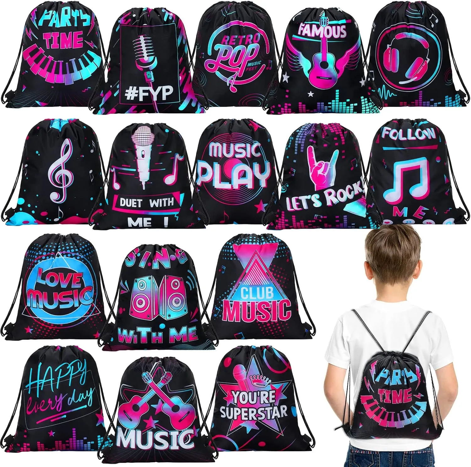 Funtery 32 Pcs Music Party Drawstring Bags Music Party Favors Birthday Treat Bags for Teens Social Media Theme Gifts School Travel Supplies, 11.81 x 9.84 Inch