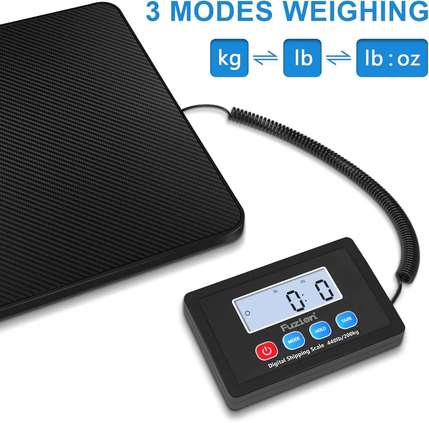 Fuzion Digital Shipping Scale, 10g High Accuracy, 440lbs Postal Scale, Hold/Tare Function, Manual/Auto Off LCD Display, Lightweight Scale for Packages/Luggage/Home, Battery & AC Adapter Included