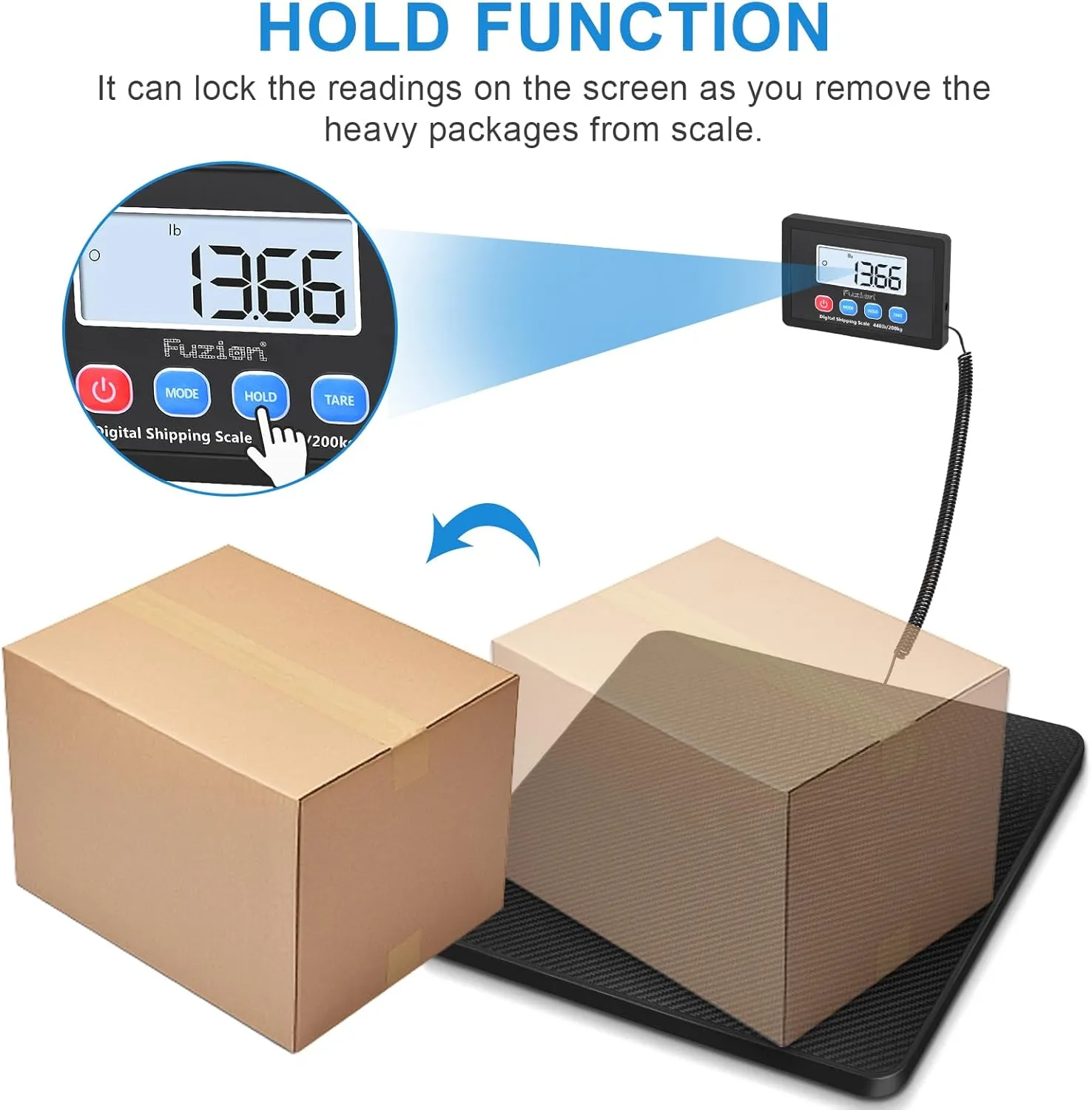 Fuzion Digital Shipping Scale, 10g High Accuracy, 440lbs Postal Scale, Hold/Tare Function, Manual/Auto Off LCD Display, Lightweight Scale for Packages/Luggage/Home, Battery & AC Adapter Included