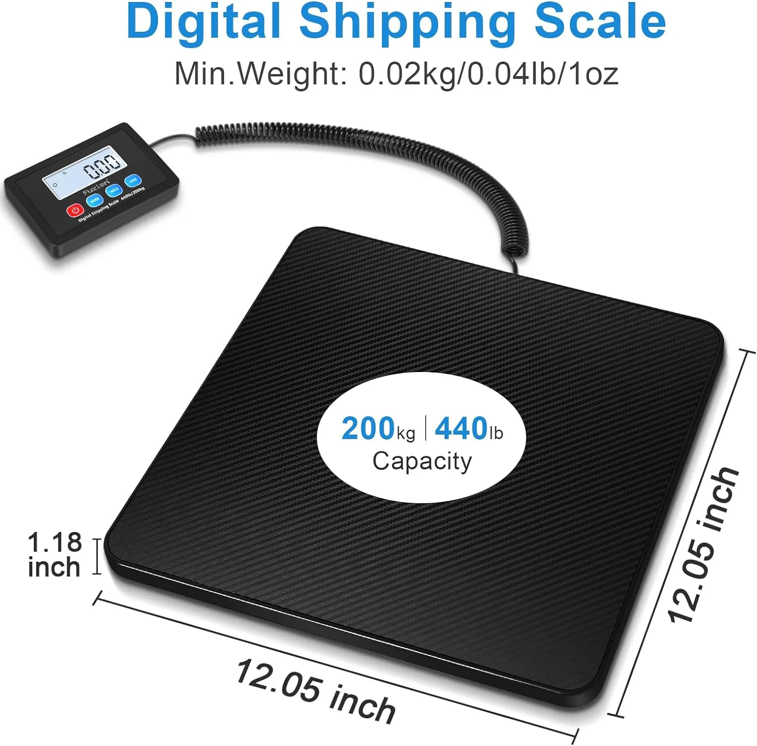 Fuzion Digital Shipping Scale, 10g High Accuracy, 440lbs Postal Scale, Hold/Tare Function, Manual/Auto Off LCD Display, Lightweight Scale for Packages/Luggage/Home, Battery & AC Adapter Included