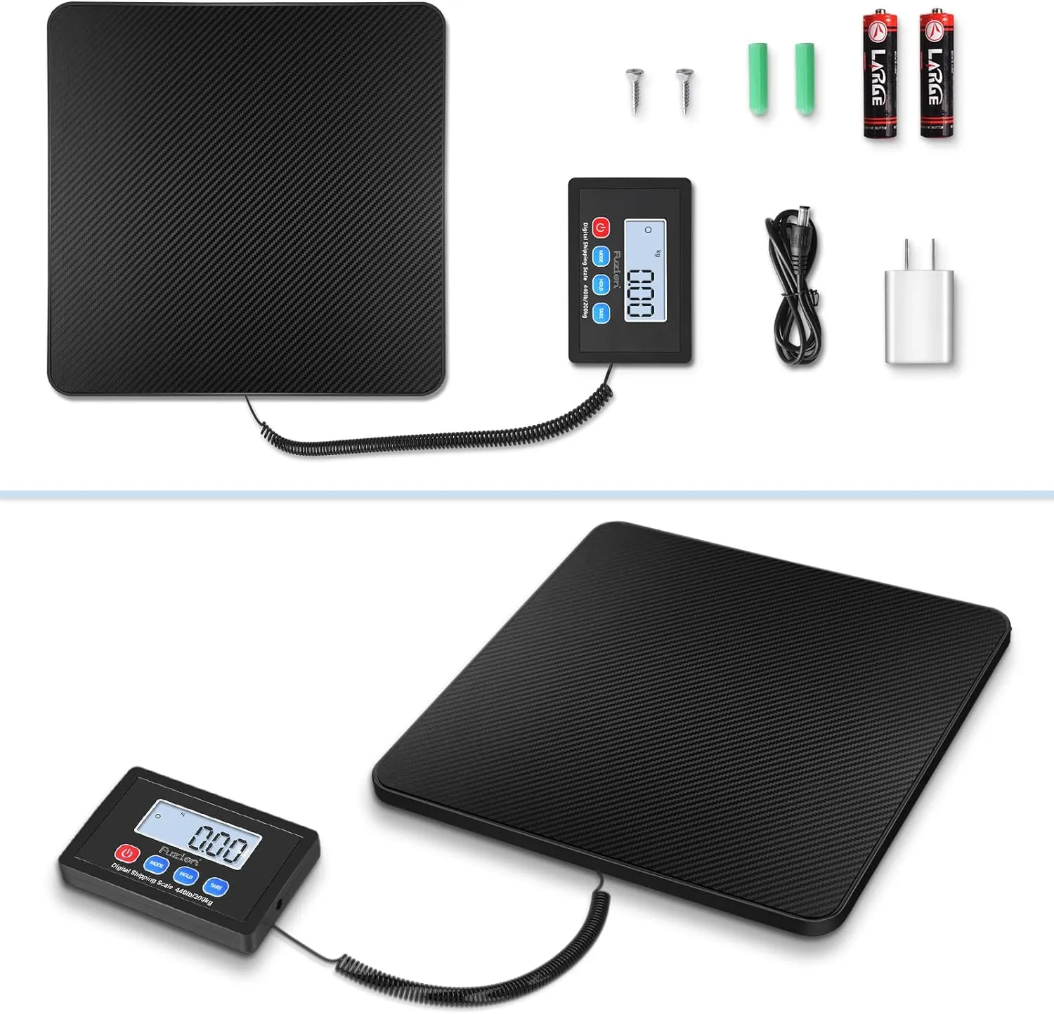 Fuzion Digital Shipping Scale, 10g High Accuracy, 440lbs Postal Scale, Hold/Tare Function, Manual/Auto Off LCD Display, Lightweight Scale for Packages/Luggage/Home, Battery & AC Adapter Included