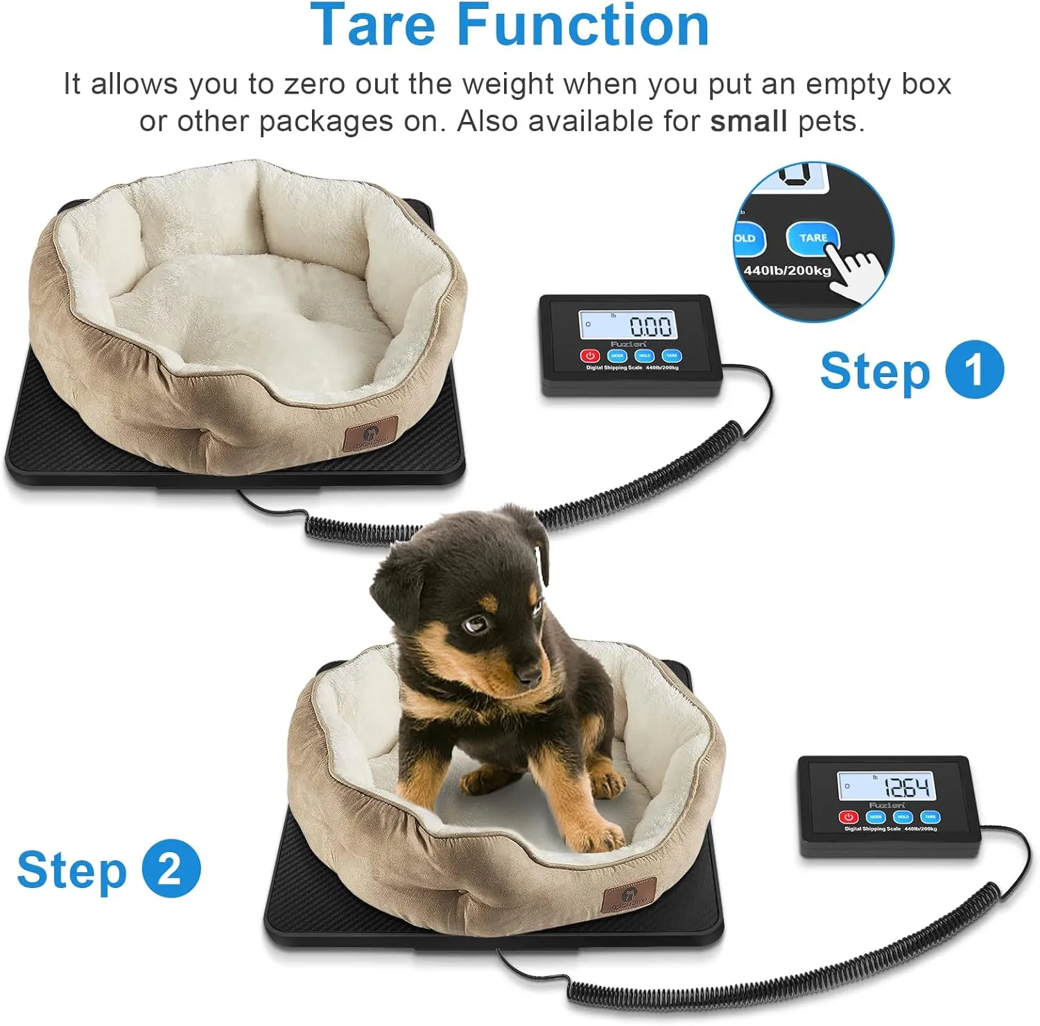 Fuzion Digital Shipping Scale, 10g High Accuracy, 440lbs Postal Scale, Hold/Tare Function, Manual/Auto Off LCD Display, Lightweight Scale for Packages/Luggage/Home, Battery & AC Adapter Included