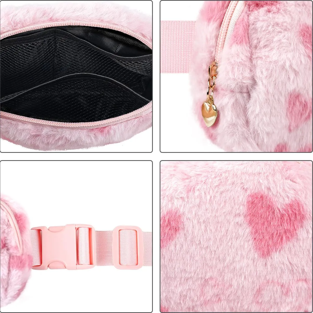 Fuzzy Belt Bag Waist Fanny Pack for Girls Cute Lovely Heart Waist Packs Crossbody Bags for Women Trendy Teen Girl Kids Daughter Sister Her Preppy Girly Stuff Fuzzy Plush Waist Pack Bag, Pink