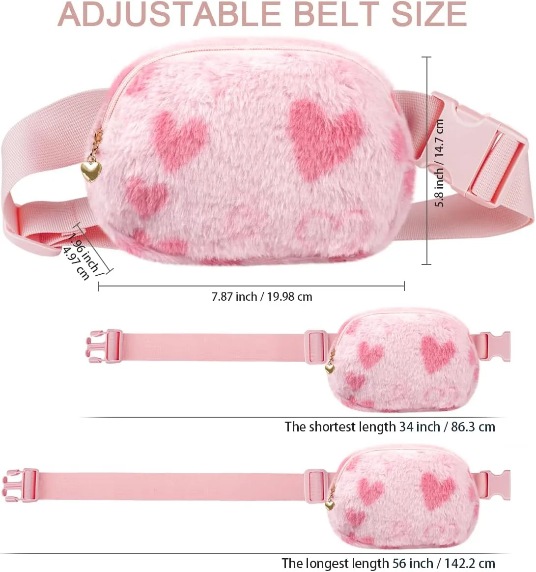 Fuzzy Belt Bag Waist Fanny Pack for Girls Cute Lovely Heart Waist Packs Crossbody Bags for Women Trendy Teen Girl Kids Daughter Sister Her Preppy Girly Stuff Fuzzy Plush Waist Pack Bag, Pink