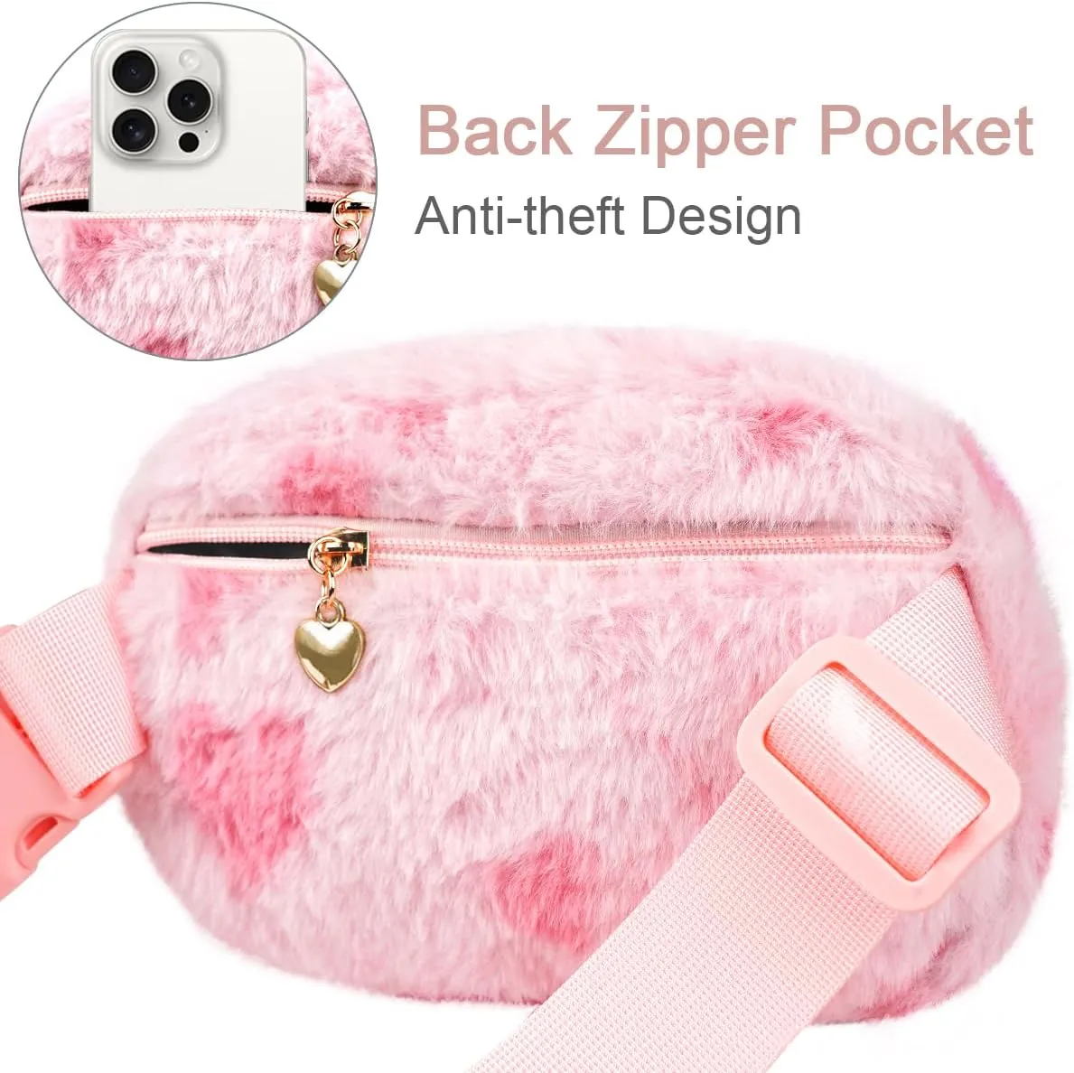 Fuzzy Belt Bag Waist Fanny Pack for Girls Cute Lovely Heart Waist Packs Crossbody Bags for Women Trendy Teen Girl Kids Daughter Sister Her Preppy Girly Stuff Fuzzy Plush Waist Pack Bag, Pink