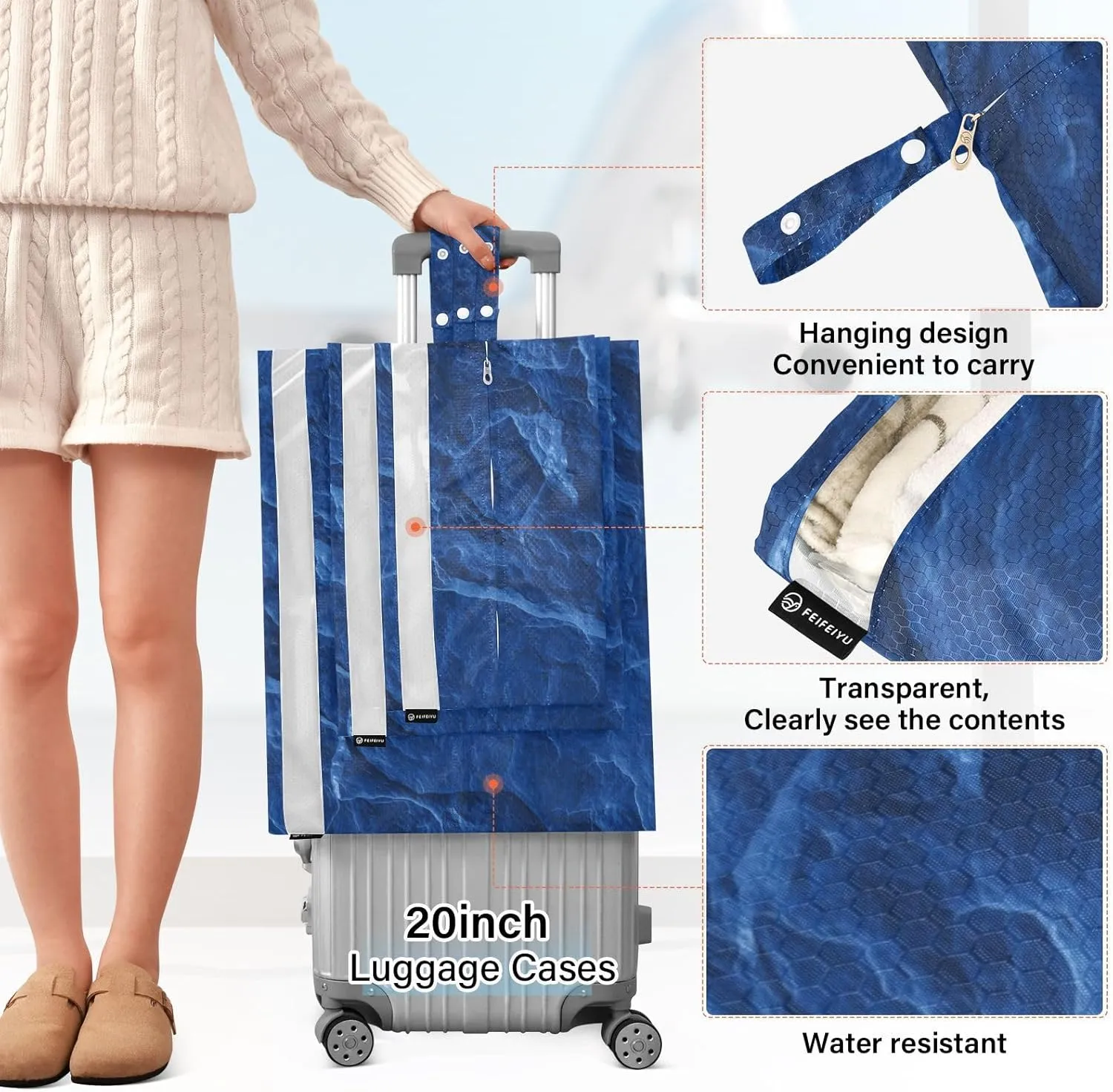 Garment Bag Closet Storage, Luggage Space Saver, Dark Royal Blue Slate Slab, Waterproof, 3 Set Travel Packing Cubes For Suitcases, Luggages Management Personnel