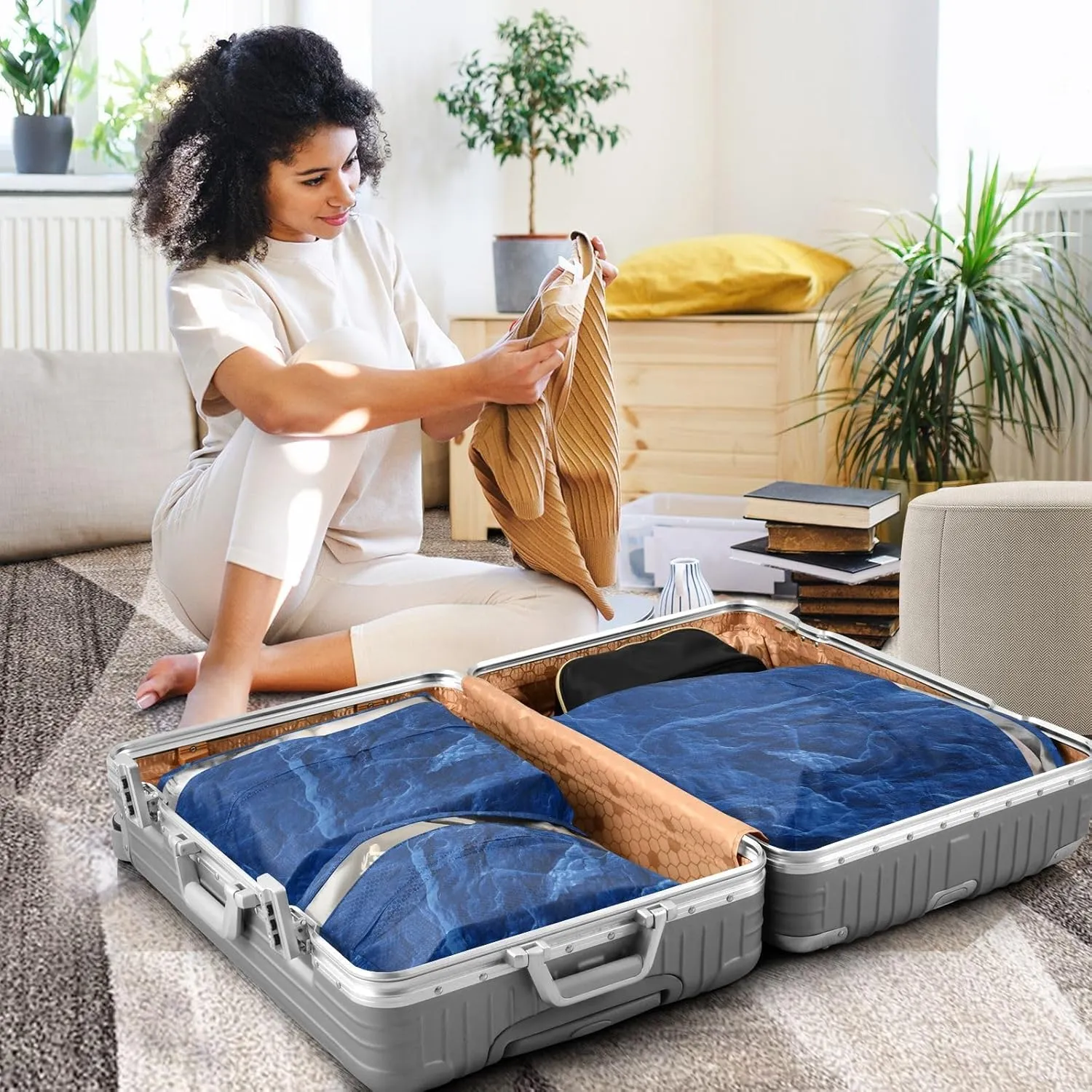 Garment Bag Closet Storage, Luggage Space Saver, Dark Royal Blue Slate Slab, Waterproof, 3 Set Travel Packing Cubes For Suitcases, Luggages Management Personnel