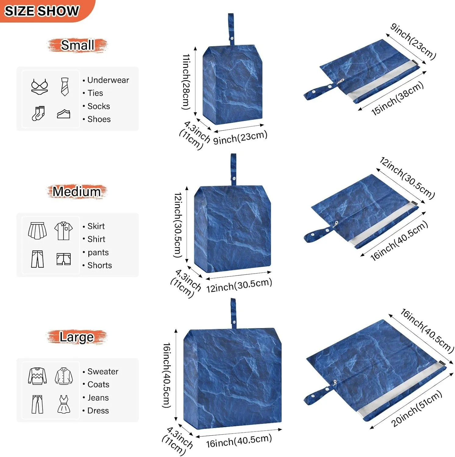 Garment Bag Closet Storage, Luggage Space Saver, Dark Royal Blue Slate Slab, Waterproof, 3 Set Travel Packing Cubes For Suitcases, Luggages Management Personnel