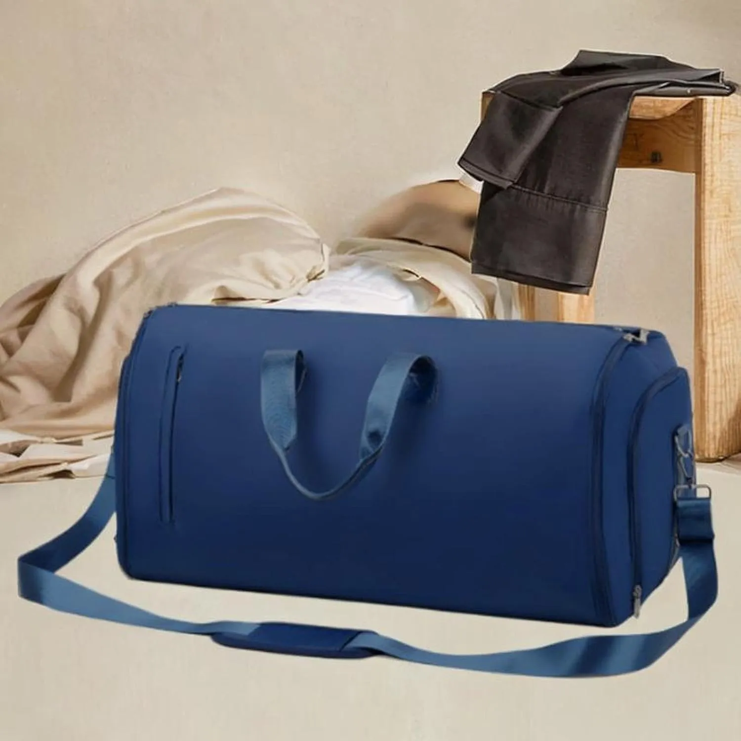 Garment Bag Weekender Bag Leather Duffle Bag for for Men Camping Hiking Outdoor, Dark Blue