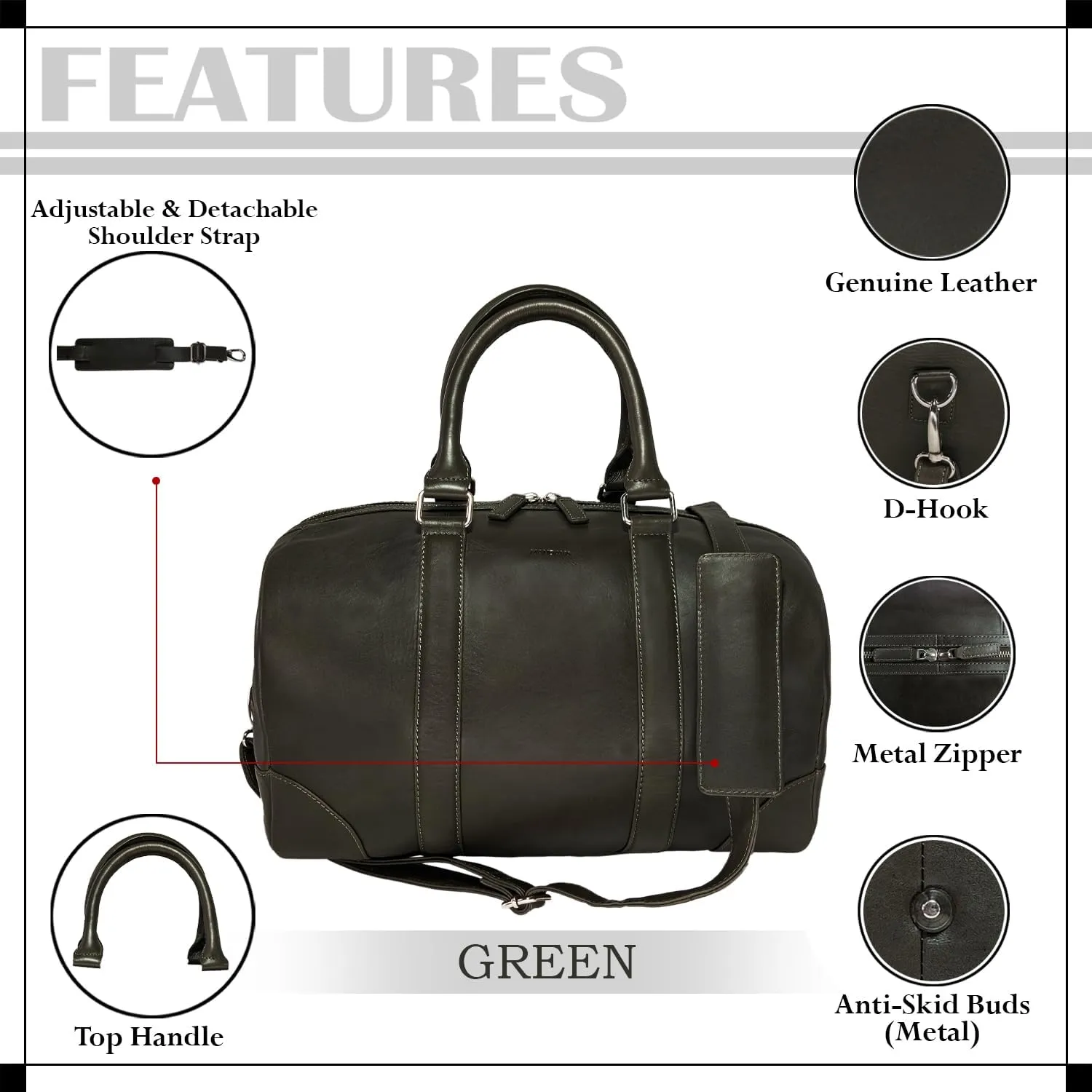 Genuine Leather Unisex Travel Duffel Bag, Shoulder Weekender Overnight Luggage Bag (Green)