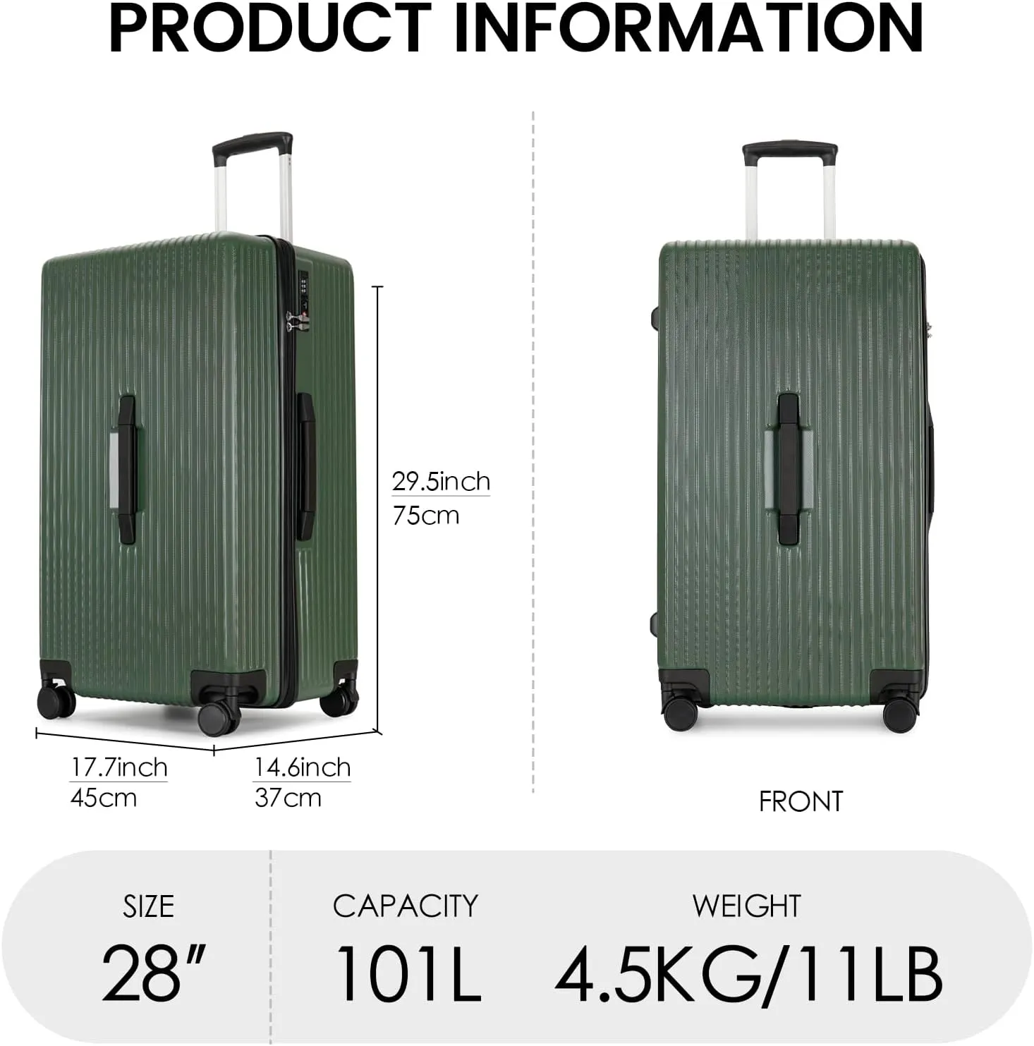 GinzaTravel Trunk Luggage, 28 Inch Luggage with Spinner Wheels, Scratch resistant texture Lightweight PC material with TSA Lock (Dark Green)