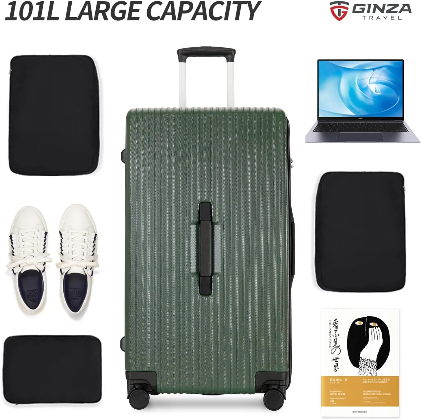 GinzaTravel Trunk Luggage, 28 Inch Luggage with Spinner Wheels, Scratch resistant texture Lightweight PC material with TSA Lock (Dark Green)
