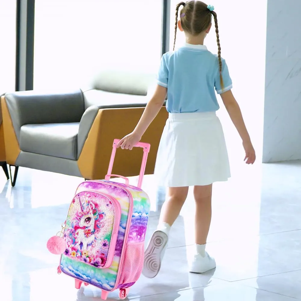 Girls Luggage, Kids Sequins Rolling Luggage, Cute Unicorn Travel Carry on for Elementary Preschool Toddler