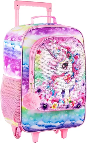 Girls Luggage, Kids Sequins Rolling Luggage, Cute Unicorn Travel Carry on for Elementary Preschool Toddler