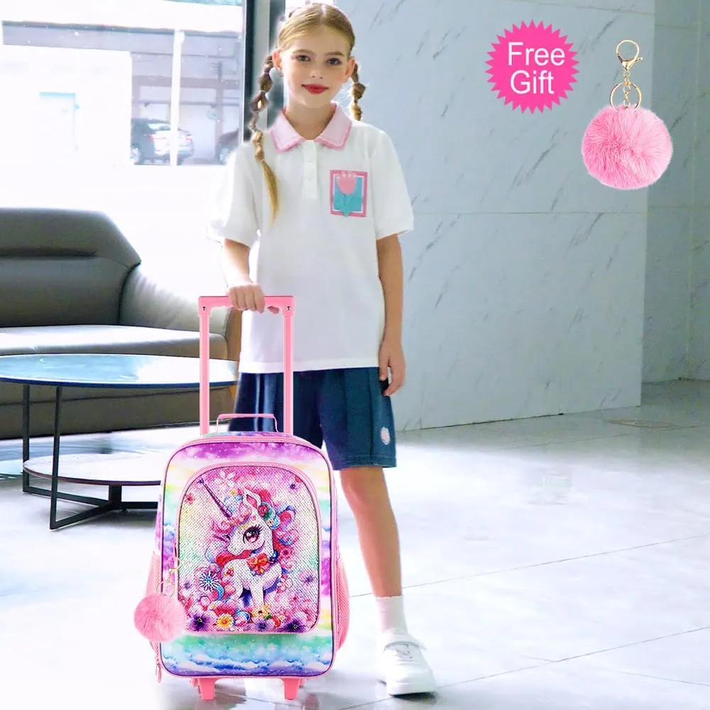 Girls Luggage, Kids Sequins Rolling Luggage, Cute Unicorn Travel Carry on for Elementary Preschool Toddler
