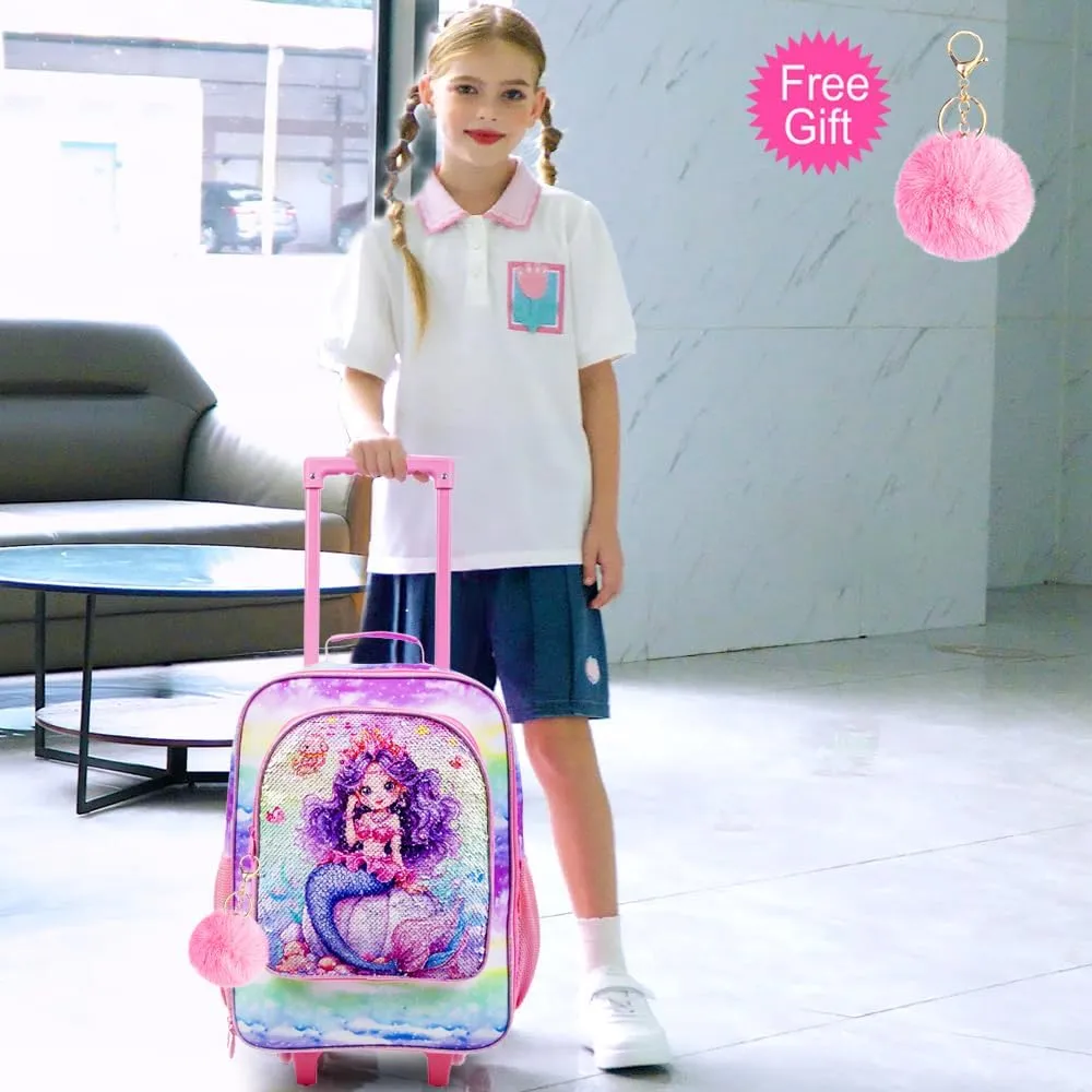 Girls Suitcase, Kids Sequins Rolling Luggage, Cute Mermaid Travel Carry on for Elementary Preschool Toddler