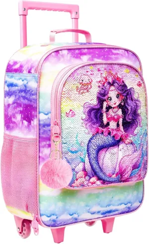 Girls Suitcase, Kids Sequins Rolling Luggage, Cute Mermaid Travel Carry on for Elementary Preschool Toddler
