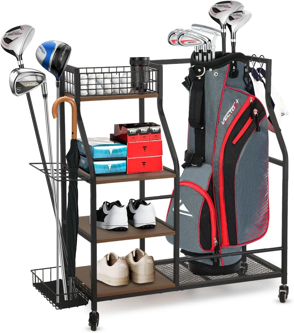 Golf Bag Garage Storage Rack with Wheels, Organizer for Single Golf Bag and Equipment Accessories, Ideal for Garage, Club, Shed, Basement, Garden (Dark Walnut)