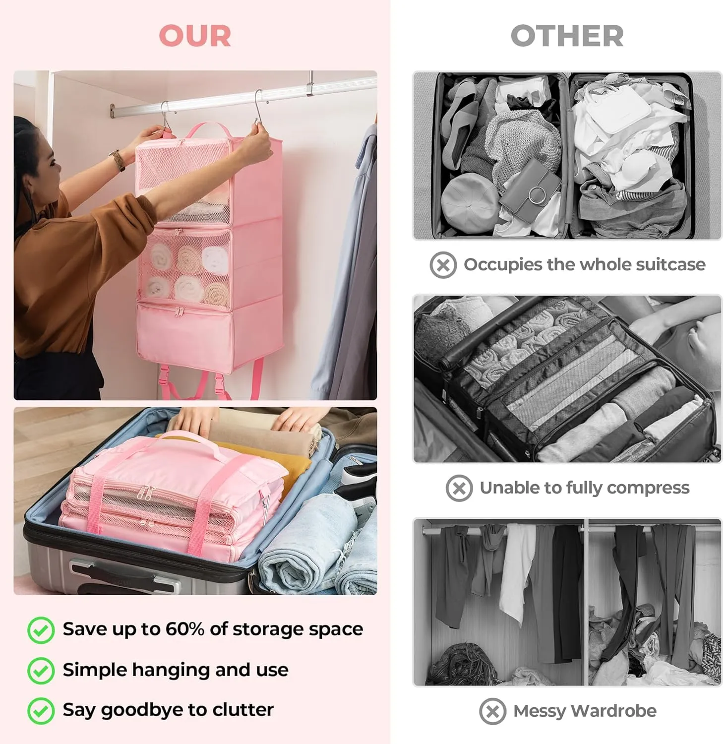 GRANNY SAYS Hanging Packing Cubes for Travel, Large Portable Hanging Suitcase Organizer, Foldable Compression Luggage Organizer Bags for Clothes, Carry on Closet Suitcase, XL-Pink Travel Shelves
