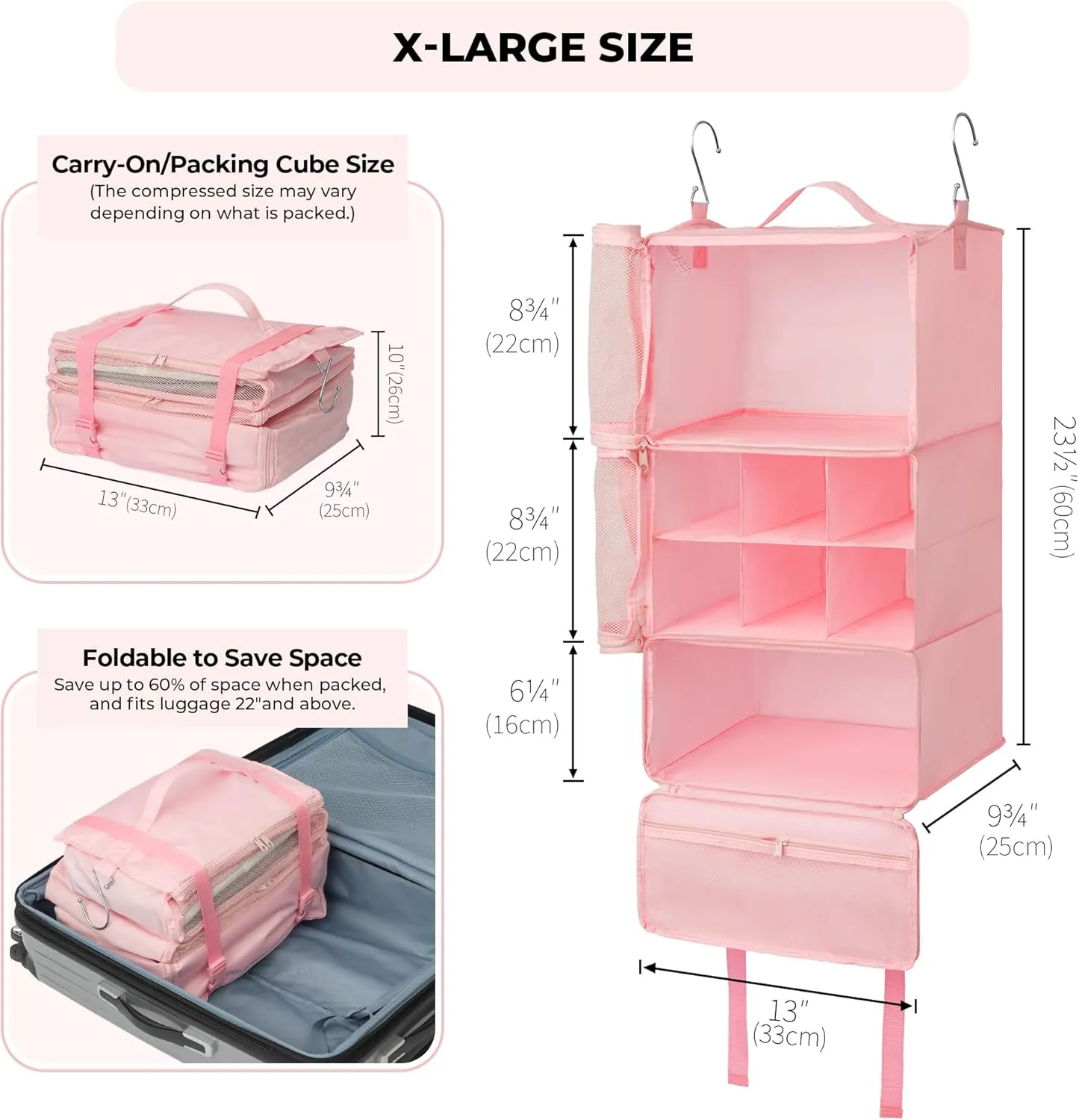 GRANNY SAYS Hanging Packing Cubes for Travel, Large Portable Hanging Suitcase Organizer, Foldable Compression Luggage Organizer Bags for Clothes, Carry on Closet Suitcase, XL-Pink Travel Shelves