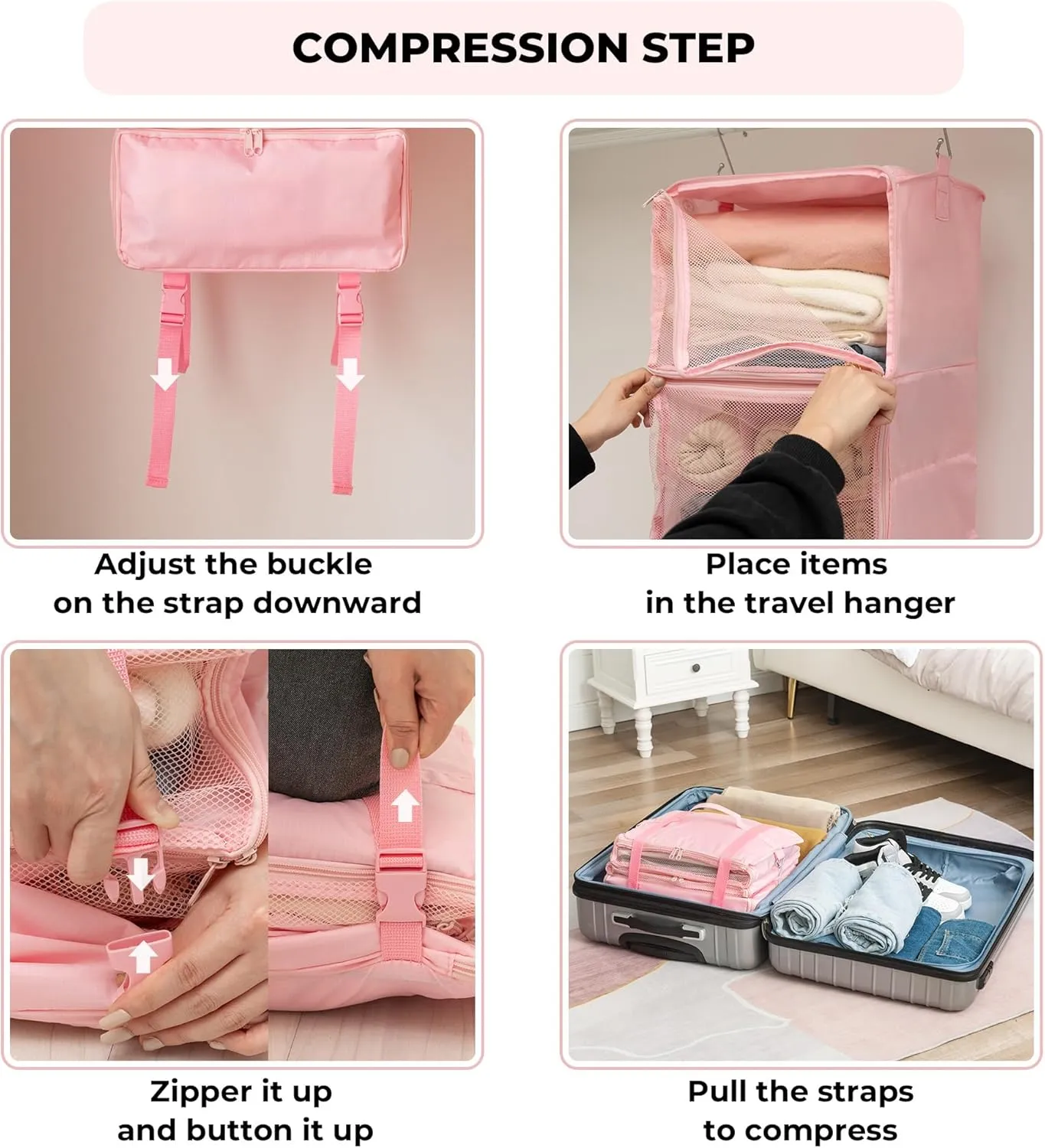 GRANNY SAYS Hanging Packing Cubes for Travel, Large Portable Hanging Suitcase Organizer, Foldable Compression Luggage Organizer Bags for Clothes, Carry on Closet Suitcase, XL-Pink Travel Shelves